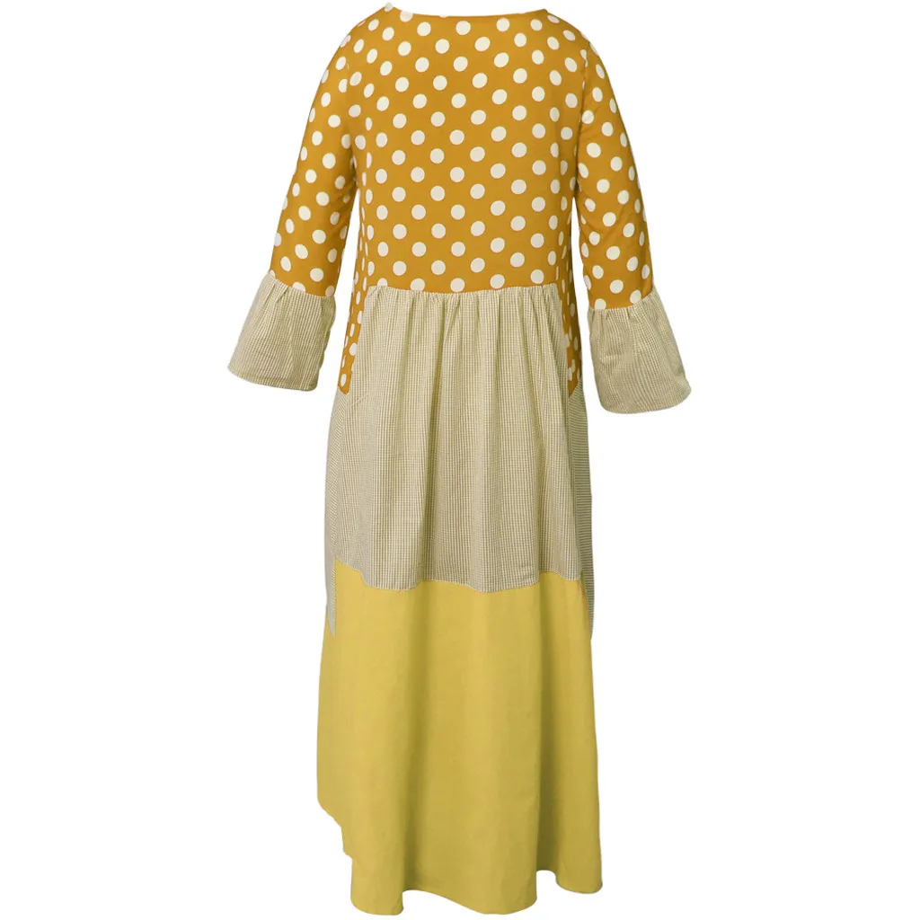 Осеннее Новое модное женское винтажное платье Bohe в стиле пэчворк с волнистым принтом с длинными рукавами и круглым вырезом, макси платье, платье Z4