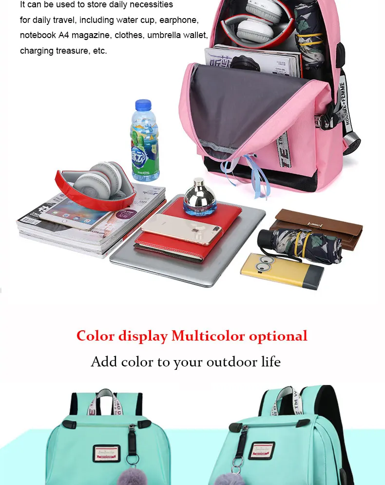 Розовые рюкзаки, Женский школьный рюкзак для девочек-подростков, USB зарядное устройство, школьная сумка Oxfrord, средний школьный рюкзак для студентов
