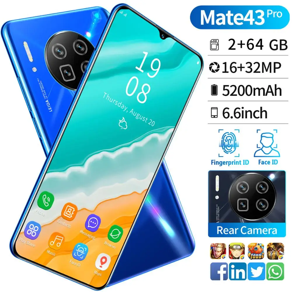 Mate43Pro Android 6.6-Inch Drip Large Screen Smart Phone Hot Bent Frosted Glass High-End Back Cover + Face Recognition