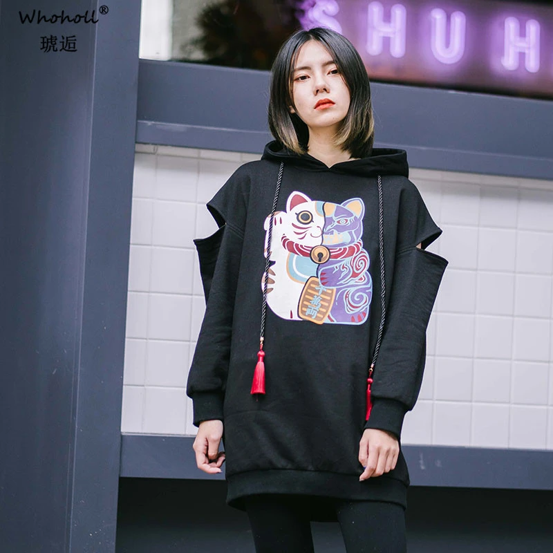 WHOHOLL Lucky Cat Длинные свободные толстовки женские рваные с рукавом кисточками даже шляпа Толстовка Печать Свободные толстовки пальто