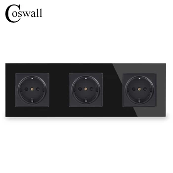 

COSWALL Wall Crystal Glass Panel 3 Gang Power Socket Plug Grounded 16A EU Standard Black Electrical Triple Outlet