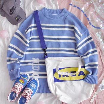 

Women Spring Autumn Striped Sweater Young Girls Loose Ins Student Harajuku Soft Sister Sweet Knitted pullover Tops Preppy Style