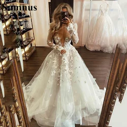 Sumnus Boho Tulle Wedding Dress Sexy Illusion V Neck Long Sleeve A-Line Lace Appliques 3D Flower Bridal Gown Bride Dresses