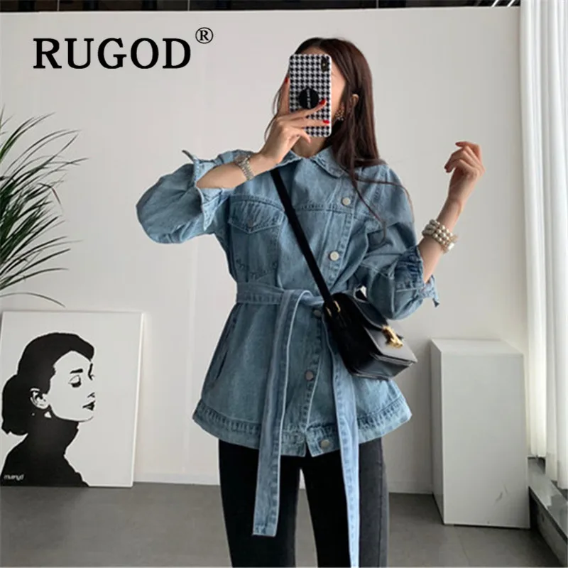 RUGOD Новая Осенняя Однотонная синяя джинсовая куртка для женщин с отложным воротником Облегающая джинсовая куртка на шнуровке модное женское повседневное корейское пальто