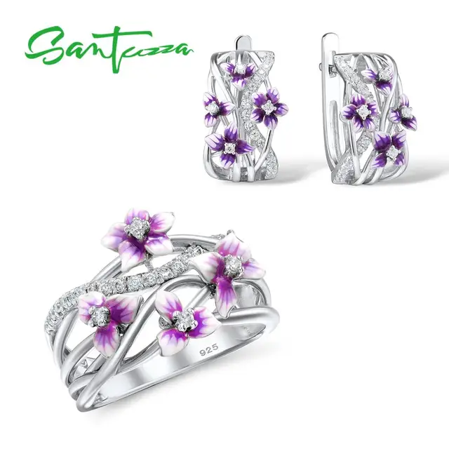 US $35.78 SANTUZZA Silver Jewelry Women Sterling Silver Purple Flower Earrings Trendy