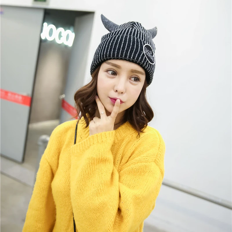 ZLD модные зимние женские теплые шапочки Devil Horns Cat Вязаные шапки с ушками плетеные вязаные шапки вязаная шапка с Симпатичные рожки - Цвет: 2