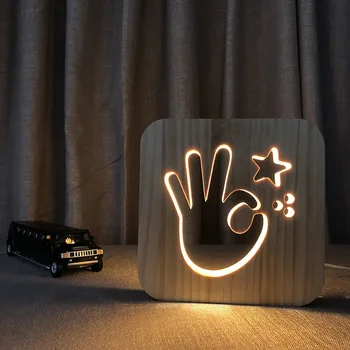 

New Solid Wood Carved LED Lights Christmas Lights Indoor OK Gesture Night Light Wooden Craftwork