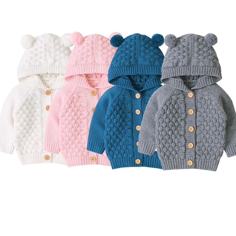 Трикотажное пальто для маленьких мальчиков и девочек, куртка, верхняя одежда с капюшоном и ушками, Зимняя Блузка, свитер, вязаные пуловеры, кардиган, теплая одежда