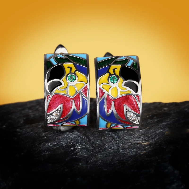 CHARLINLIOL Beautiful Colorful Enamel Jewelry Handmade Glaze 925 Silver Earrings Women Vintage Bohemia Ear Stud Fashion | Украшения и