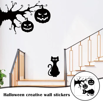 

Wall Stickers Halloween Pumpkin Lantern Holiday Christmas Tree Curved Tail Black Cat Home Decoration Sticker FPing