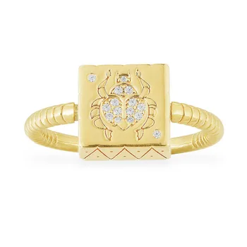

Fashion Real 925 Sterling Silver Yellow Gold Color Scarab and Moon Star Two Sides Square Finger Ring Women Fine Jewelry
