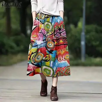 

ZANZEA Women Bohemian Floral Printed Skirts Summer Skirts Casual Elastic Waist Cotton Linen Midi Skirt Vintage Jupe Faldas Saia
