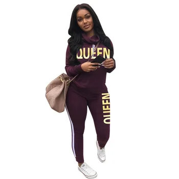 

Queen Letter Print Womens Autmn Tracksuits Hooded Long Sleeve Solid Color 2pcs Suits Sports Style Casual Apparel