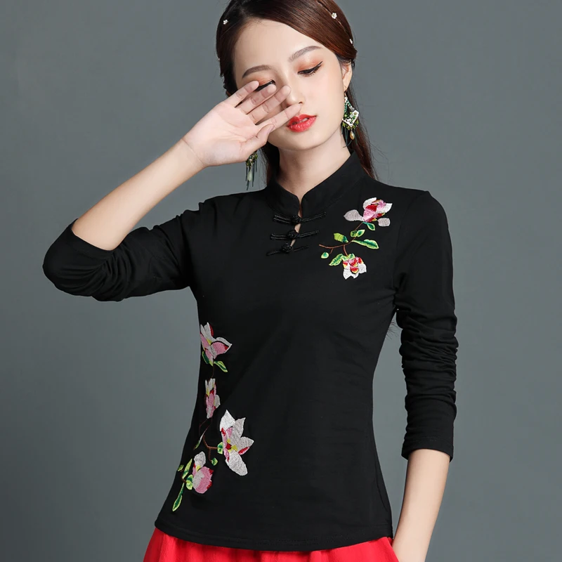 Футболка женская с вышивкой винтажная в китайском стиле осень-весна 2019 | Женская