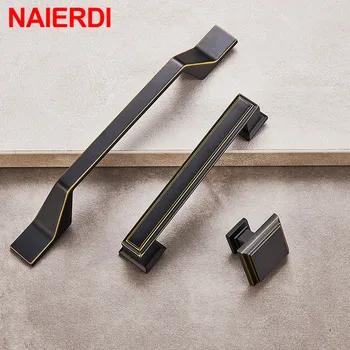 NAIERDI Solid Zinc Alloy Black Cabinet Handles European Style Kitchen Cupboard Pulls Drawer Knobs Furniture Handle