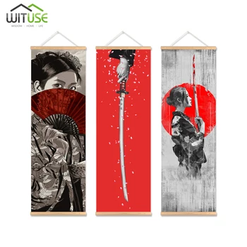 

3pcs Wall Art Picture Print Hanging Canvas Wood Hanger Scroll Painting Japanese Samurai Poster for Living Room Home Decor