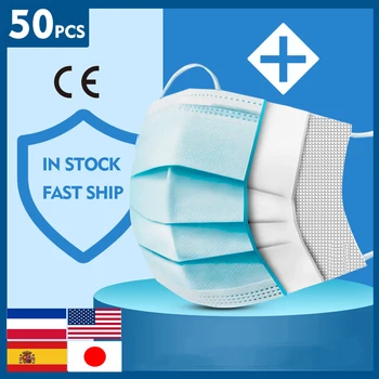 

50Pcs/lot Disposable Protective Mask 3 Layer Nonwove Ply Filter Mouth Face Mask Anti-Dust Anti-Fog Meltblown Earloop Mouth Mask