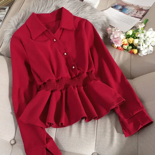 Burgundy Neploe, элегантные оборки, складки, Blusas, осень-весна, новинка, косая пуговица, дизайн, Тонкая блузка, тонкая талия, разноцветная рубашка, 48330 - Цвет: Burgundy