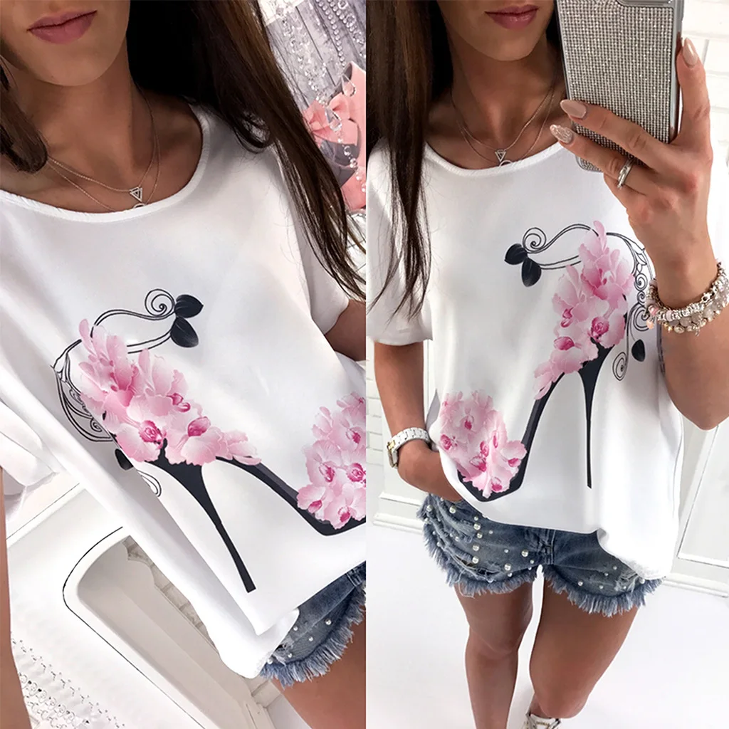 Блузка женская с коротким рукавом на высоком каблуке принтом|blouse tops shirt|loose