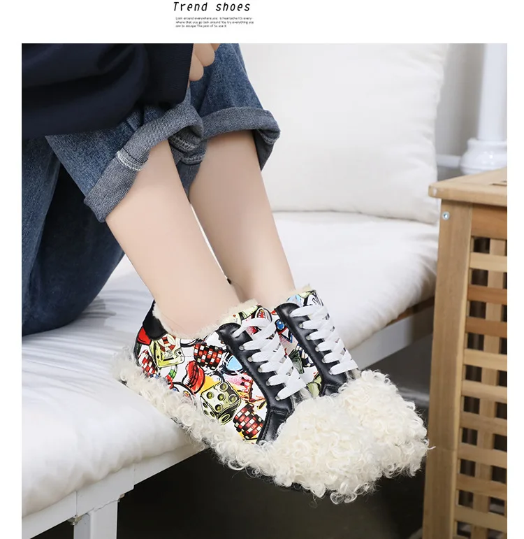 New Fashion Plush and Velvet Flat Bottom Graffiti Shoes Female Wear Thick Warm Casual Winter Womens Sneakers W20-57