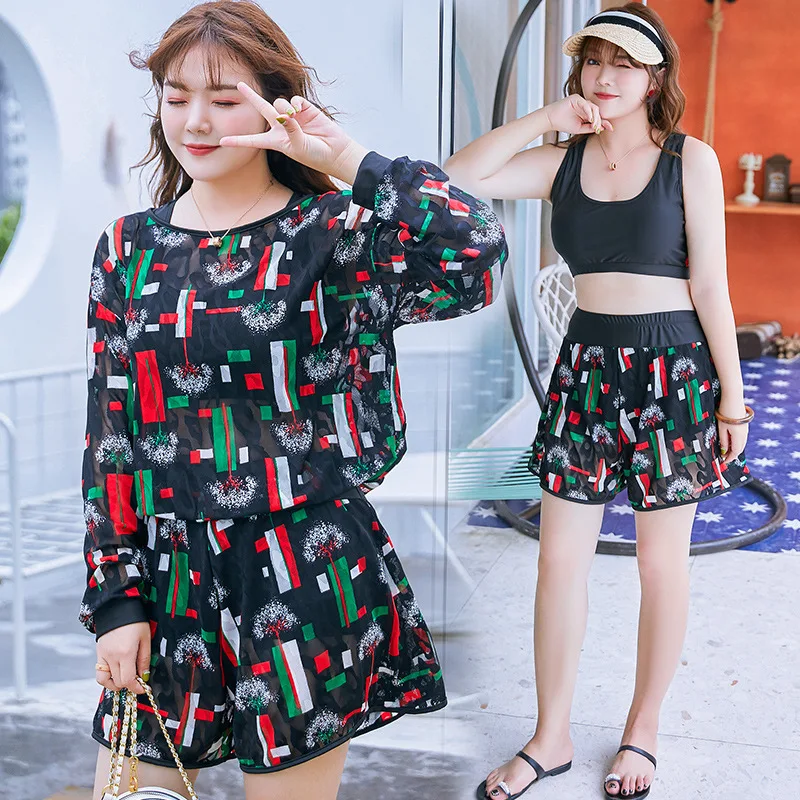 

Three-piece Set Large Size Bathing Suit Women's Fat Mm 200 Slimming Split Type High-waisted Bikini Swimwear Seaside Sun Shield