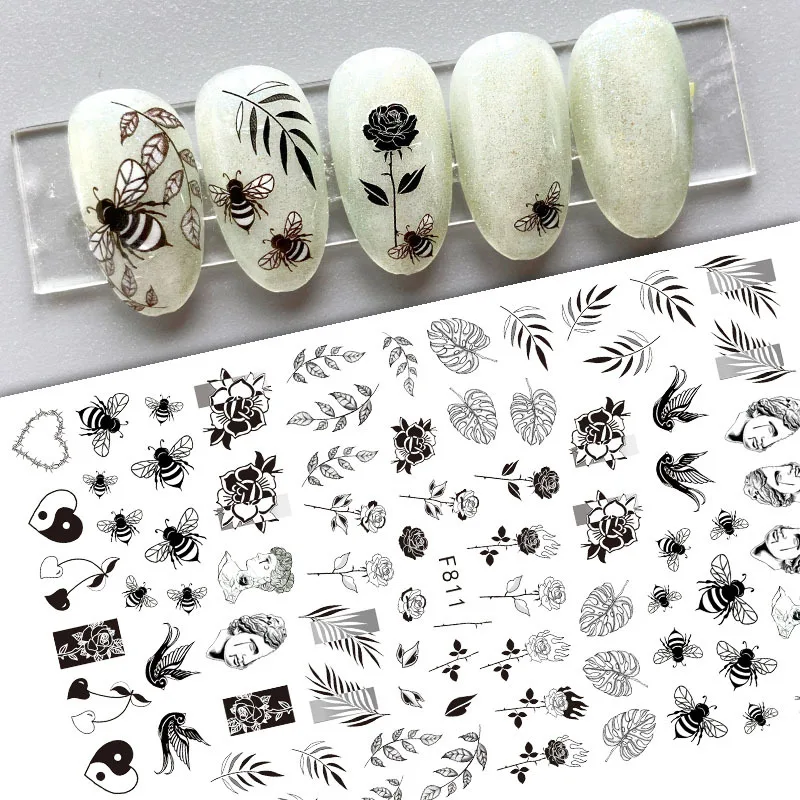 

Large sheet nail art sticker flora leaves flowers cat animal fruit design back glue strip manicure decoration slider decal FW106