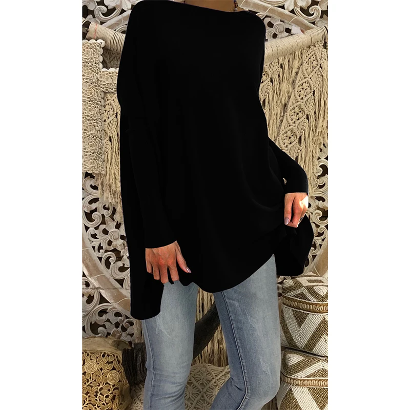 Модный Женский Повседневный однотонный длинный рукав летучая мышь Свободный вязаный пуловер Топы ворсистый джемпер футболки Плюс Размер - Цвет: black