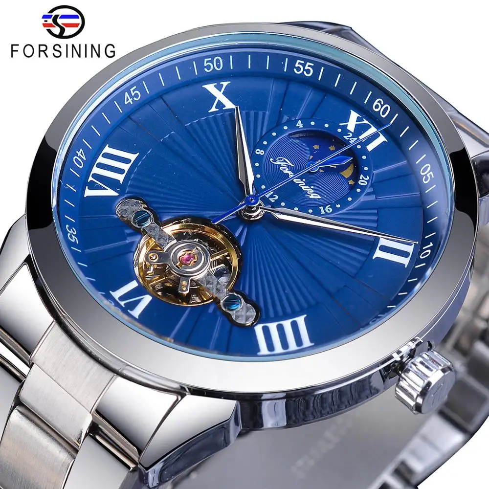 Forsining синие модные механические часы мужские Tourbillon автоматические Moonphase из