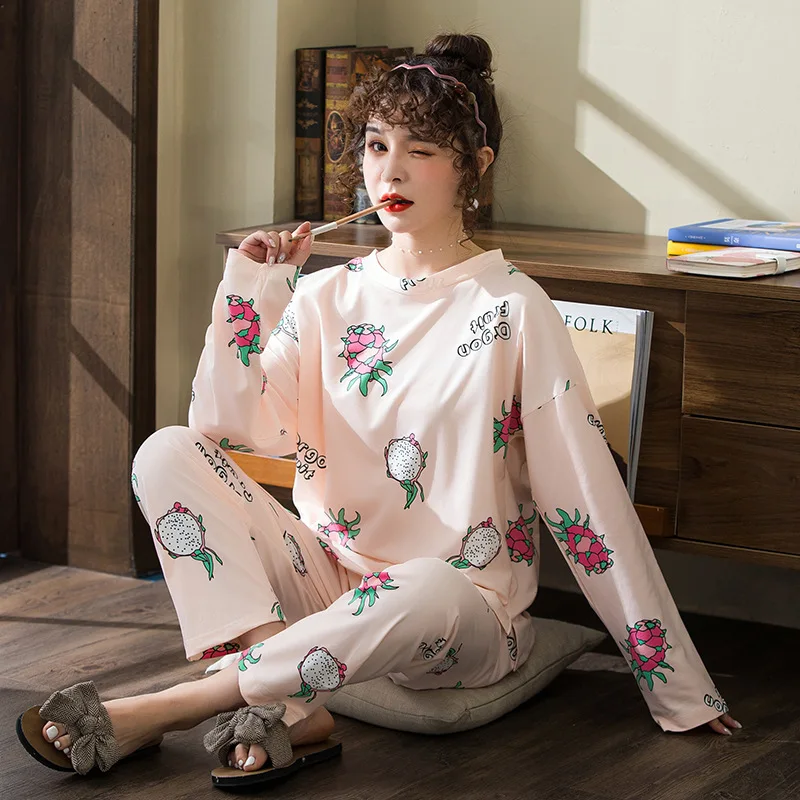 

[Jun xin] Spring Korean-style Pajamas Women's Pullover Cartoon Sweet Loose-Fit Double-Sided Lycra Home Wear
