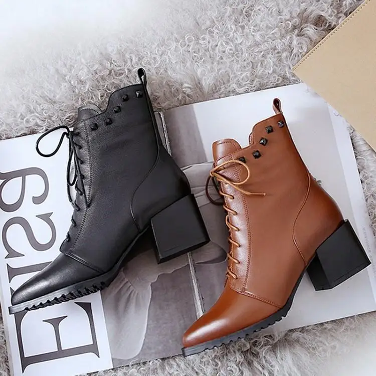 

Pointed leather strap short boots female rivets thick single boots with martin boot head layer leather