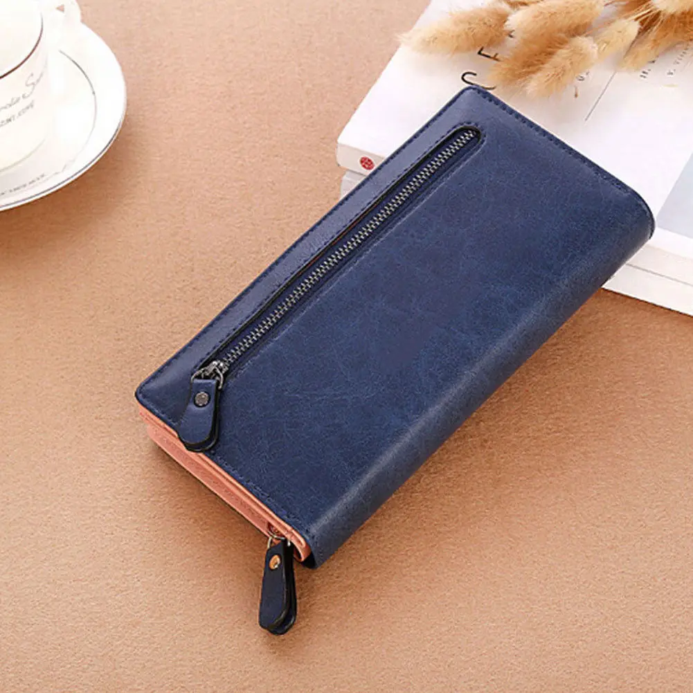 dark blue Женский кошелек из искусственной кожи с длинным держателем для карт, сумка для телефона, кошелек на молнии для леди J9 - Цвет: dark blue
