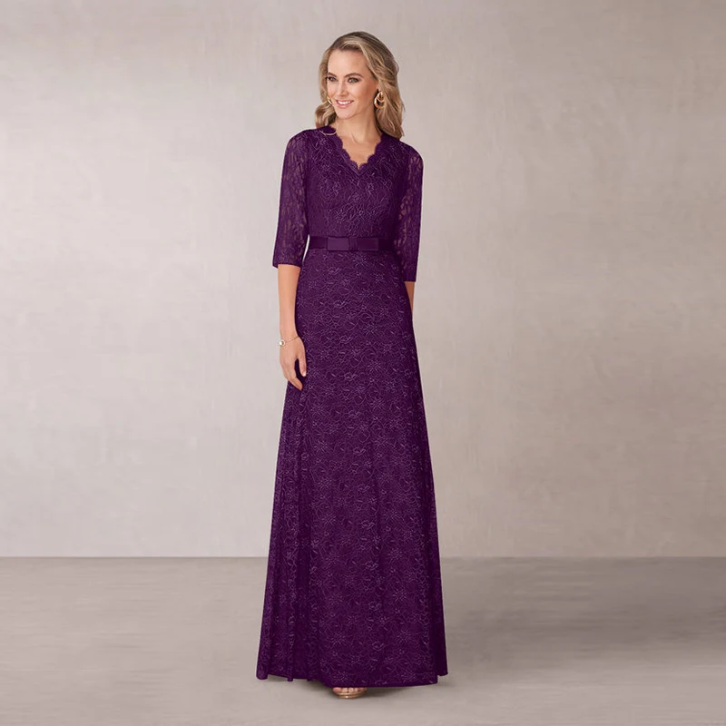 

2020 Gorgeous A Line Grape Lace V Neck Mother of the Bride Dresses With Three Quarter Sleeve Bow Belt Wedding Guest Gowns