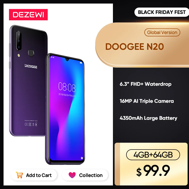 DOOGEE N20 Global Version Smartphone Helio P23 6.3&quot FHD+ 16MP Triple Camera 4GB 64GB 4350mAh Large Battery 10W Fast Charging | Мобильные