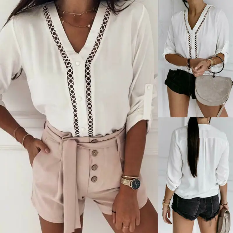 Женская свободная футболка с длинным рукавом и V-образным вырезом | одежда