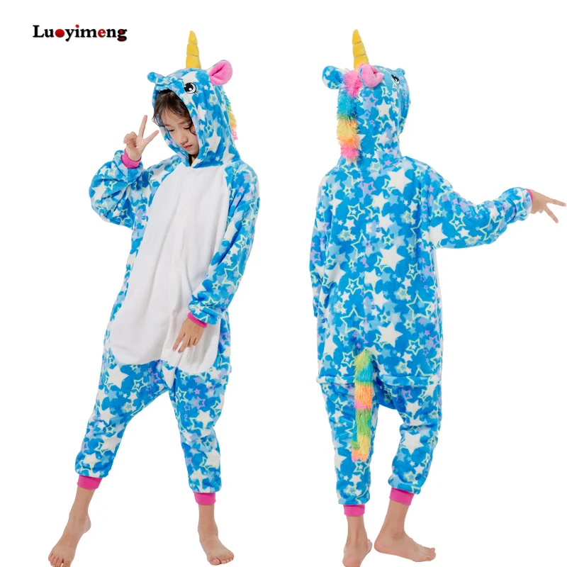 Kegurumi Unicorn Pajamas For Kids Girls Flannel Pijamas Suit Winter Children Unicornio Sleepwear Baby Boys Pyjamas Animal Onesie - Color: blue star white