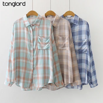 Женские блузки с отложным воротником Tonglord, универсальная однобортная Свободная верхняя одежда в клетку с длинными рукавами, осень 2020