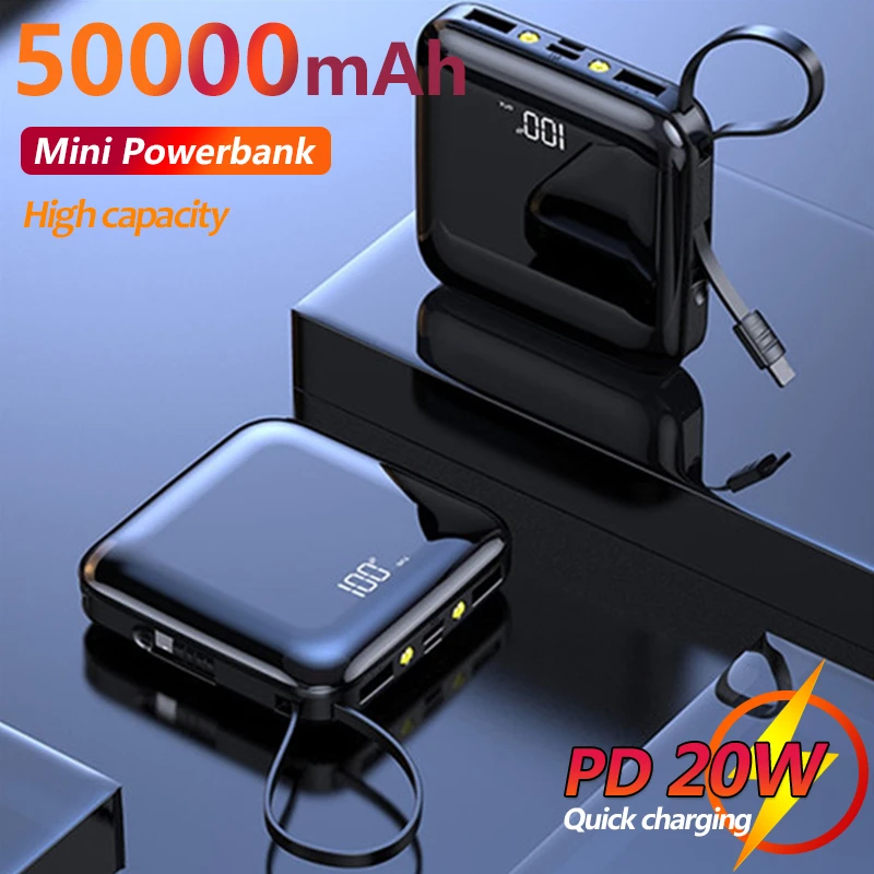 Mini Portable Power Bank 50000mAh Large Capacity One-way Charger Built-in Charging Cable Flashlight External Battery wireless power bank for iphone