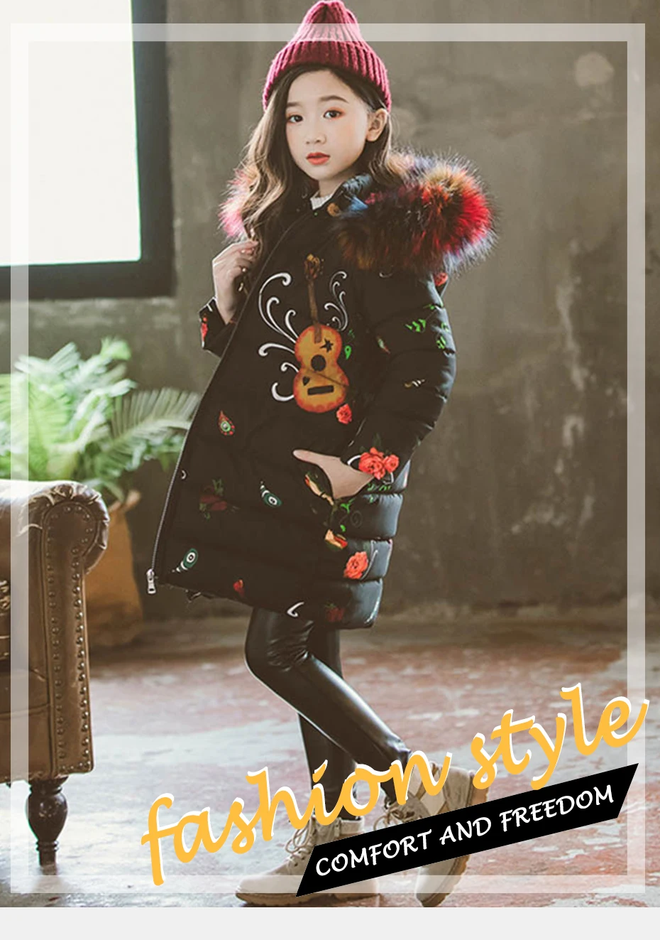 Girls Coats Fashion Print Down Jacket For Girls Big Fur Collar Parkas Kids Warm Children's Winter Clothes Christmas Streetwear