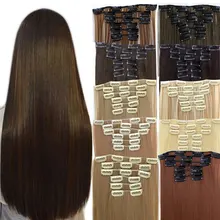 MUMUPI 6pcs 16 Clips Long Straight Synthetic Hair Extensions Clips In High Temperature Fiber Black Brown Hairpiece