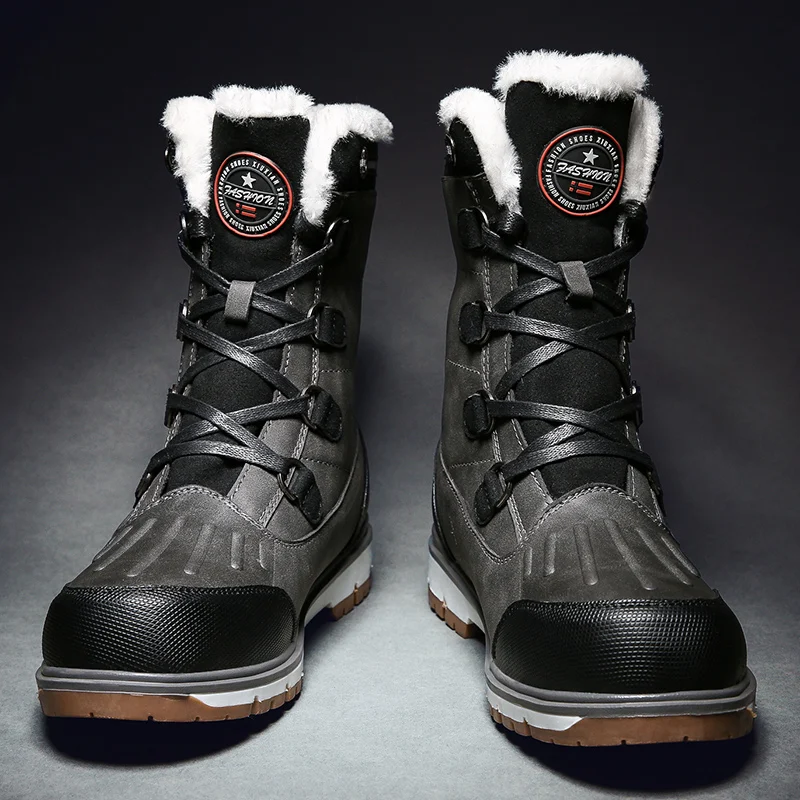 Модные дизайнерские зимние ботинки высокого качества; Мужская водонепроницаемая обувь с высоким берцем; Botas Zapatos De Hombre chaussure homme - Цвет: Gray with fur