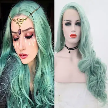 

Bombshell Green 13*3 Synthetic Lace Front Wig Body Wave Swiss Lace Wig Without Glue Heat Resistant Fiber Fashion Lady Wig
