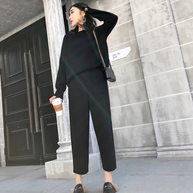 Women Outfits Cashmere Sweater Two Piece Sets Tracksuit Autumn Winter Fashion Sweatsuits Sport Suit Female Knit Pant Set - Цвет: Black