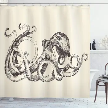 

Octopus Shower Curtain Vintage Style Print of Octopus with Large Tentacles Sketch Fabric Bathroom Decor