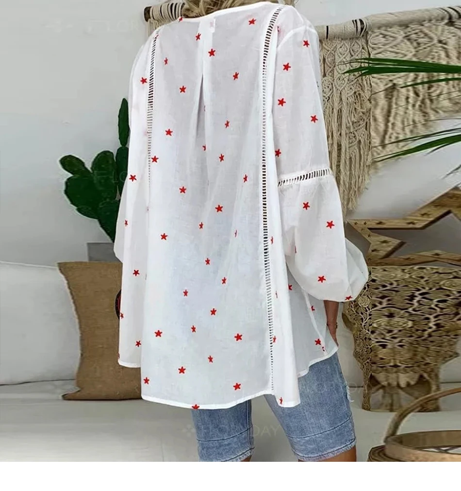 Star Print Plus Size Womens Tops And Blouses Spring Casual Hollow out  Long Sleeve Tunic Female V Neck Loose Blouses Shirts