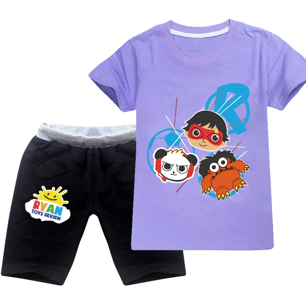 Ryan Toys Review/комплект с футболкой с короткими рукавами для мальчиков и девочек, топы для подростков, спортивный костюм для малышей Детские хлопковые рубашки+ штаны - Цвет: T903purple-set