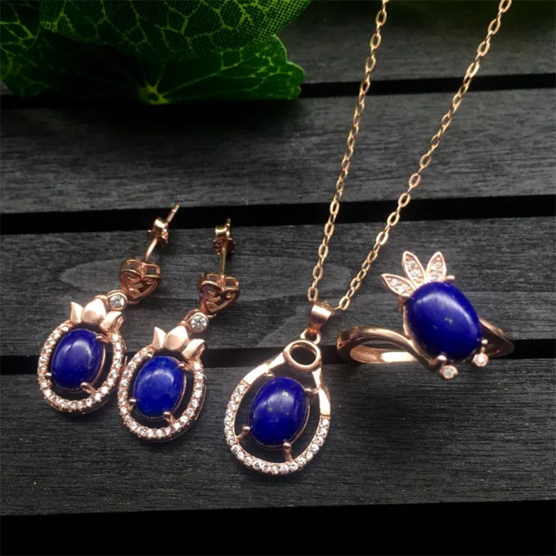 MeiBaPJ натуральный драгоценный камень Lapis модный набор украшений для женщин Настоящее 925 пробы Серебряное очарование изысканные свадебные украшения - Цвет камня: Rose gold set