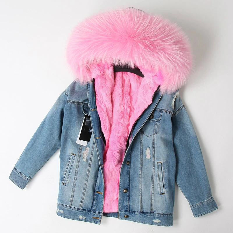 Top OFTBUY 2019 Winter Jacket Women Real Fur Coat Parka Real raccoon collar Rex Rabbit liner striped bomber Denim jacket Streetwear 12