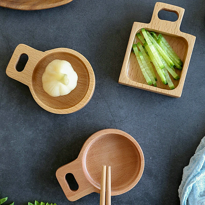 2PCS Small Dinner Plates Wooden Tray Food Snack Dessert Tea Dish Seasoning Sauce Food Dipping Dishes Plate Round Square