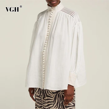

VGH Striped Hit Color White Women's Shirts Turtleneck Lantern Long Sleeve Shirt Blouse Female 2020 Spring Fashion New Clothing