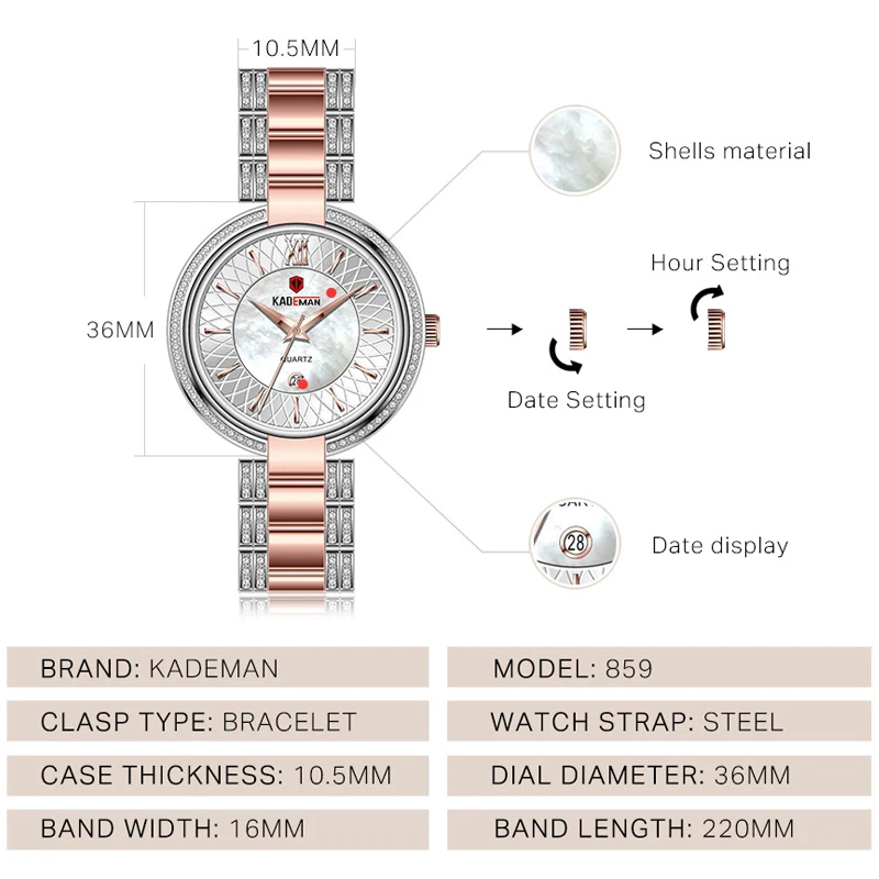 KADEMAN Women's Luxury Fashion Watches Waterproof Quartz Watch Top Brand For Lady Female Dress Gold Wristwatch Relogio Feminino